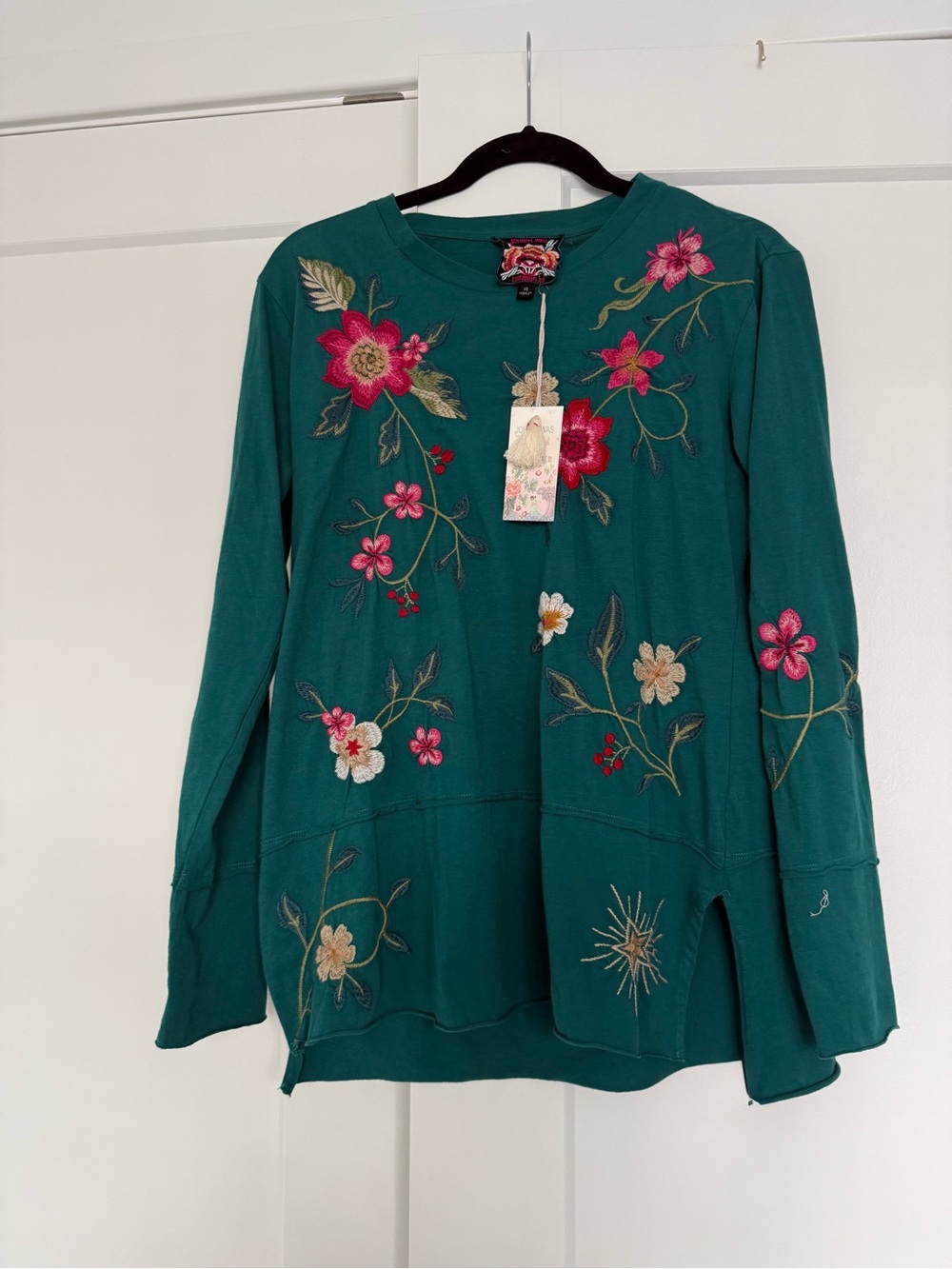 Embroidered Teal Floral Long-Sleeve Top